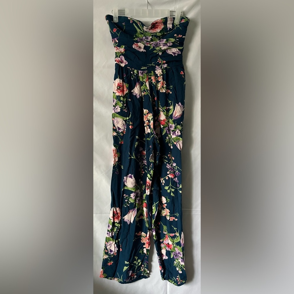 ⁠OG Collective Dark Floral Strapless Bustier Wide Leg Jumpsuit Size M⁠